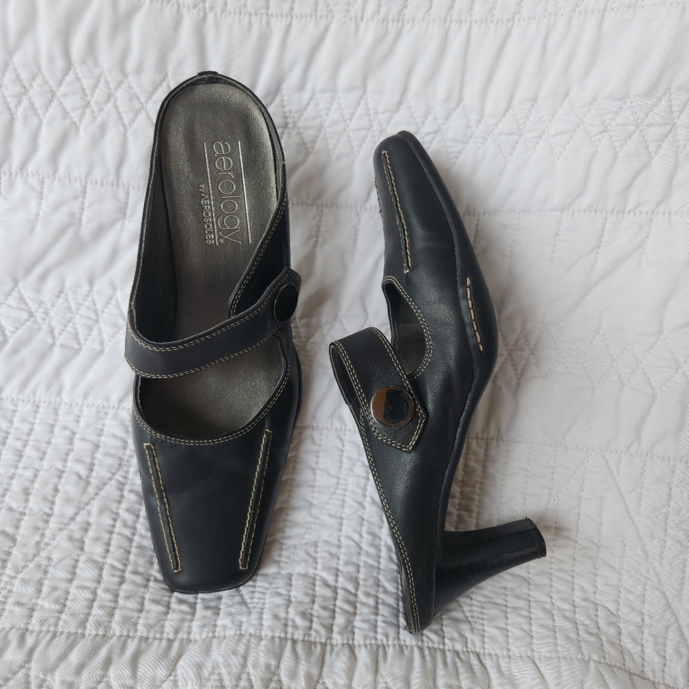 Y2K | Aerosoles Mary Jane Mules Slip On Leather Square Toe Black  Block Heel 8.5